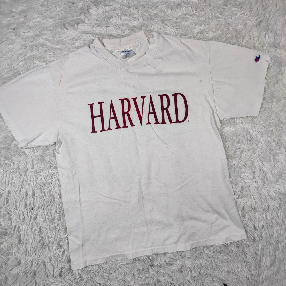 Vintage 90s Harvard‎ T Shirt Graphic Spellout Champion USA White Red Lettering L